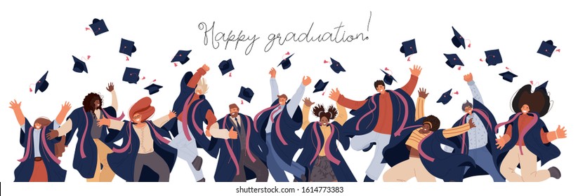 Vector flat set of Happy graduated man and woman in college and university education students in academic dresses. Celebration of Graduation day Students trow caps in air, Success Learning Concept