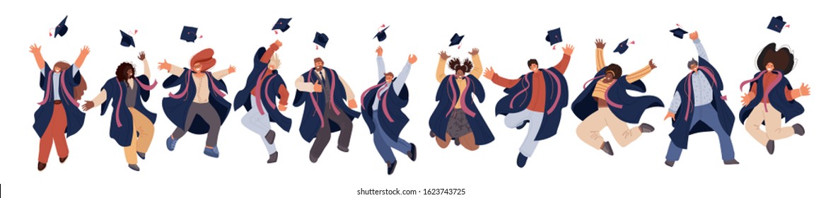 Vector flat set of Happy graduated man and woman in college and university education students in academic dresses. Celebration of Graduation day Students trow caps in air, Success Learning Concept