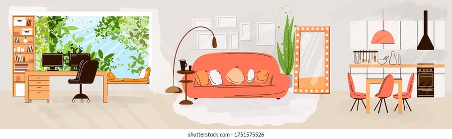 Vector flat set of home living and work interiors - Living room interior, kitchen, office work place, Comfortable sofa, desk, window, chair and house plants. Vector flat furniture collection