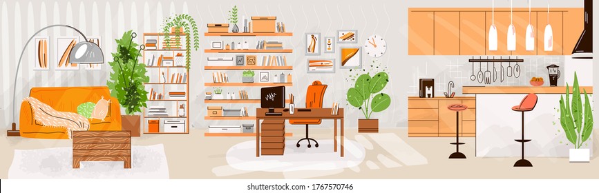 Vector flat set of home living and work interiors - Living room interior, kitchen, office work place, Comfortable sofa, desk, window, chair and house plants. Vector flat furniture collection