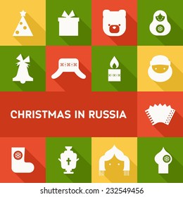 Vector flat set of icons about christmas in russia