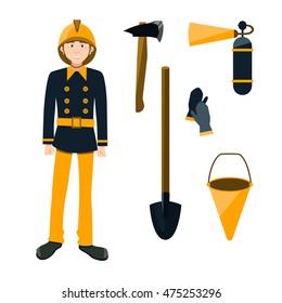 vector flat set icons of firefighter and equipment to extinguish the fire. collection of vector illustrations of a firefighter, fire extinguisher, bucket for water, hatchet, shovel, gloves.