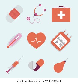 Vector flat set of icons for medical emergency - first aid kit symbols, pictograms collection. Needle, syringe, health, cardiology, capsule, drug, tablet, equipment, enema, clyster.