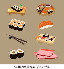 Vector flat set of icons of raw or fried sushi like asian sashimi, temaki, american uramaki, makizushi, inarizushi, togu, fogu. With wooden chopstick, wasabi, sause, vinegar on the plate or paddle