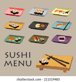 Vector flat set of icons of raw or fried sushi like asian sashimi, temaki, american uramaki, makizushi, inarizushi, togu, fogu. With wooden chopstick, wasabi, sause, vinegar on the plate or paddle.