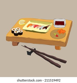 Vector flat set of icons of raw or fried sushi like asian sashimi, temaki, american uramaki, makizushi, inarizushi, togu, fogu. With bamboo chopstick, wasabi, sause, vinegar on the plate or paddle.