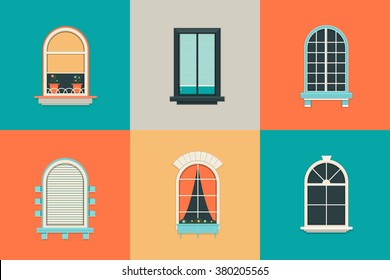 Vector flat set of icons for windows with pane. Rectangle and oval shape glass. Balcony with curtains, vase, shutter. New clean plastic arch.