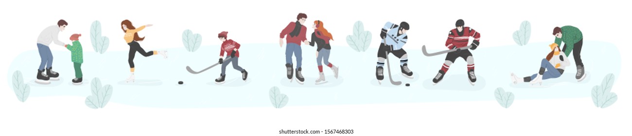 vector flat set of illustration with people skating in rink and hockey players