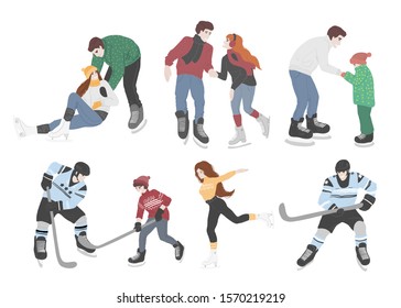 vector flat set of illustration with people skating in rink and hockey players