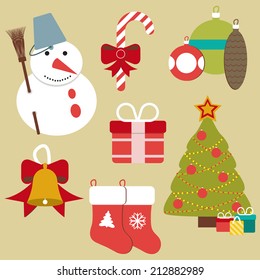 Vector flat set of isolated icons of the christmas (xmas) holiday or new year celebration. Snowman with bucket carrot, broom.Candy stick with ribbon. Bell with knot.Santa boots. Tree presents and star