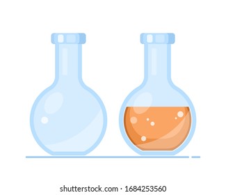 Vector flat set of Laboratory glass flasks. Empty and full round flasks