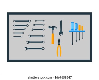 Vector flat set of mechanic tools hanging on board wall isolated on white background. Equipment of mechanical master on car repair for workshop. Concept of motor service, repair and maintenance garage