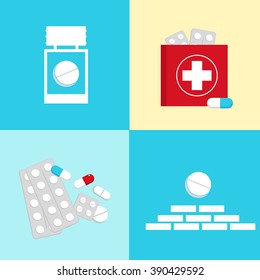 Vector flat set of medical icons : aid kit symbols, capsule and tablet. Pictograms collection of tablets and pills. Vector illustration of tablets, capsules, pills