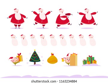 Vector flat set of Merry Christmas happy Santa Claus in different poses, emotions collection, pig elf with present box, bell, New Year tree, gift bag, snow - isolated on white background. Cards, web.