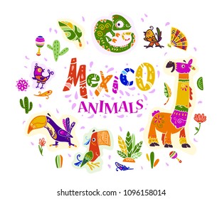 Vector flat set of mexico traditional elements, symbols & animal characters in flat hand drawn style isolated on white background. Mexican celebration, national patterns & decorations, plants.