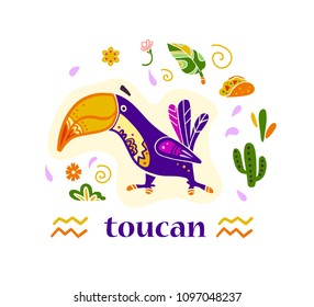 Vector flat set of mexico traditional elements, symbols & toucan bird character in flat hand drawn style isolated on white background. Mexican celebration, national patterns & decorations, plants.