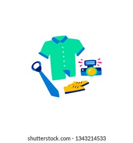 Vector flat set of modern man. Men's shirt is a new blue tie from a famous brand. Cool new shoes sneakers fashionable yellow shoes with laces and a camera with flash.