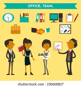 Vector flat set of office workers and office items 