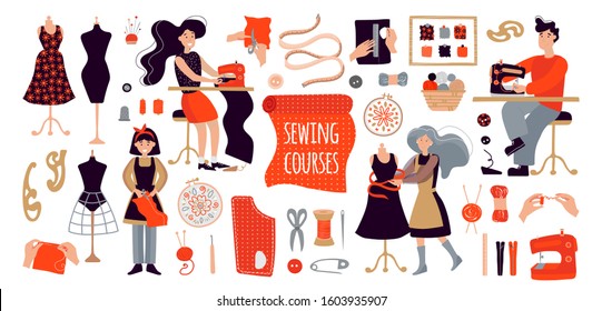 Vector flat set of people on sewing courses.Women create designer clothes with their own hands. Illustration for sewing courses, a training site, a poster with master classes. Set of items for sewing.