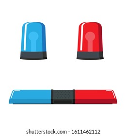 Vector flat set of red and blue lights on top of police car or siren illuminated. Ambulance car warning lights alarm