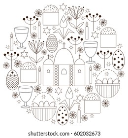 Vector flat set with religious elements for Easter holiday. Graphic objects made of childish style. All elements arranged in the round form card template
