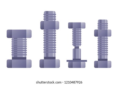 Vector flat set of the flat screw, nuts and bolts. Vector flat illustration of metal fix gear elements.