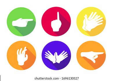 Vector flat set of six icons. Sign with hand.Communication symbol.White hand with gesture on green,red,yellow,orange,blue round background isolated on white.Web button.Mood sticker.Modern illustration