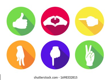 Vector flat set of six icons. Sign with hand.Communication symbol.White hand with gesture on green, red, yellow, orange, blue round background isolated on white.Web button. Mood sticker.Modern illustration