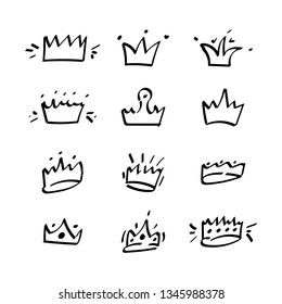Vector flat set of sketch pencils hand-drawn royal crowns. Different size dignity of appearance is small and large. Crown for a prince and for a princess for a king and queen is a cartoon tiara.