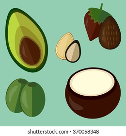 Vector flat set of some most popular vegetable fats isolated on blue. Food industry, catering, decoration of products, tags, covers, illustration for recipes.