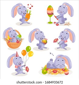 Vector flat set of spring rabbits. Set of cute bunnies on white isolated background for kids.