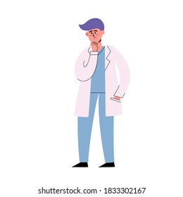Vector flat set of standing thinking european doctor isolated on white. Male medical characters used for poster, hospital website, magazine.