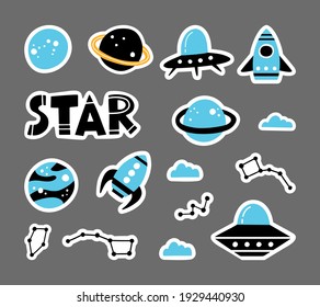 Vector flat set of stickers on the theme of space for children. Space adventure, exploration of the universe.  Illustration with lettering planets and zodiac signs. Children's textiles, bedding
