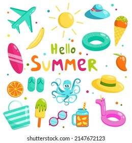 Vector flat set of summer elements. Collection of cute summer symbols. Airplane, sunglasses, ice cream, octopus, surf.