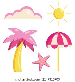 Vector flat set of summer elements. Collection of cute summer symbols. Palm tree, sun, umbrella, starfish, cloud.
