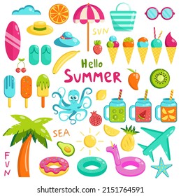 Vector flat set of summer elements. Collection of cute summer items.