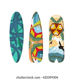 Vector flat set surfboards isolated on white background. Surfboards abstract bright pattern. Surfboards set. Surfboards collection