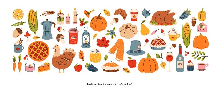 Vector flat set of Thanksgiving day. Harvest festival elements, turkey, corn, pumpkin pie, wine, autumn leaves, coffee, candle. Family holiday icons for greeting card, scrapbooking, stickers, print