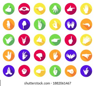Vector flat set of thirty icons. Sign with hand.Communication symbols.White gestures on green,red,yellow,orange,blue round background isolated on white.Web button.Mood sticker.Modern illustration