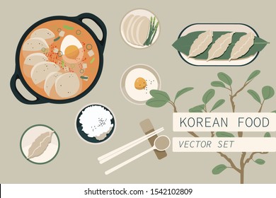 Vector flat set traditional korean food dishes  View from above  top view  Isolated icons bibimbap  rice  egg  omelet  tofu  kimchi mandu 
