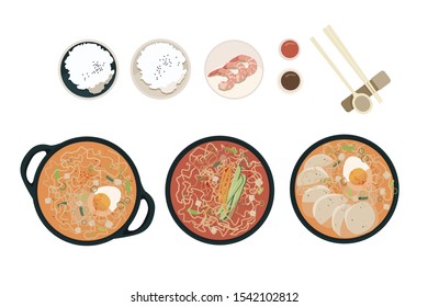 Vector flat set of traditional korean food dishes. View from above, top view on white background. Isolated icons of bibimbap, rice, shrimp, spicy ramen, soft tofu soup, soy sauce. Chopsticks, spoon.