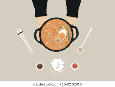 Vector flat set of traditional korean food cuisine. A plate of spicy ramen in the hands. Top view, isolated elements. Set of ramen, egg, soup, chopsticks, spoon, soy and spicy sauce, rice, kimchi.