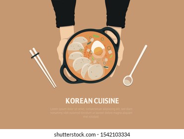 Vector flat set of traditional korean food cuisine. A plate of spicy ramen in the hands. Top view, isolated elements. Set of ramen, egg, soup, shrimp, chopsticks.