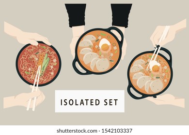 Vector flat set of traditional korean food dishes. A plates of spicy ramen and bibimbap in the hands. Top view, isolated elements. 