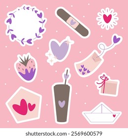 Vector flat set of Valentines day stickers with heart shape wreath frame, chocolate strawberry, patch or plaster, gift box with ribbon, house, paper ship, coffee cup, tea bag.
