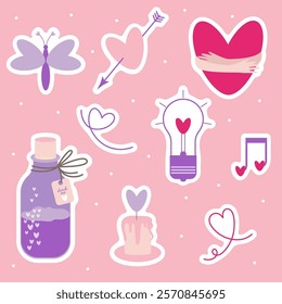 Vector flat set of Valentines day stickers with heart shape elements, glass bottle with love potion, butterfly, arrow, lamp, music note and heart embraced by hands
