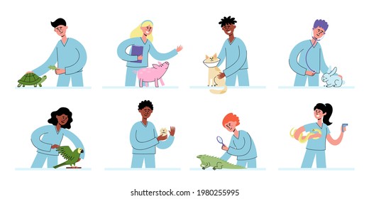 Vector flat set of veterinarians with pets at vet appointment.