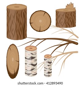 Vector flat set of wood blocks and branches isolate on white. Can be used in decoration of thematic articles and posts, as design element or background.