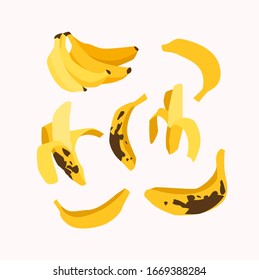 Vector flat set with yellow bananas with dark spots on the white background. Elements are isolated. Vector clip art. Cartoon style. Vegan food, organic, summer fruits. For web banners, poster, package