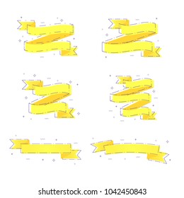 Vector flat set of yellow ribbons with dashed lines and geometric abstract shapes. Elements for graphic design - banner, ad, poster, flyer, tag, coupon, card, emblem, badge.
